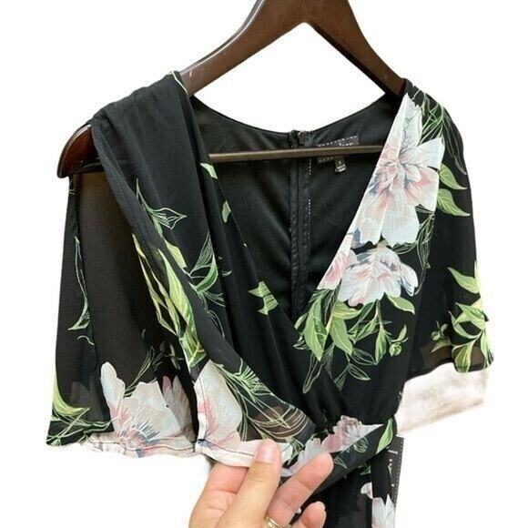 Floral Boho‎ Maxi Dress Womens Size 8 Black Pink Green Belted V Neck Long - Picture 3 of 8